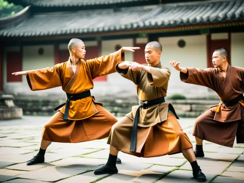 Un grupo de monjes Shaolin practica el arte marcial Hun Gar en un patio tradicional, con expresiones intensas y movimientos precisos