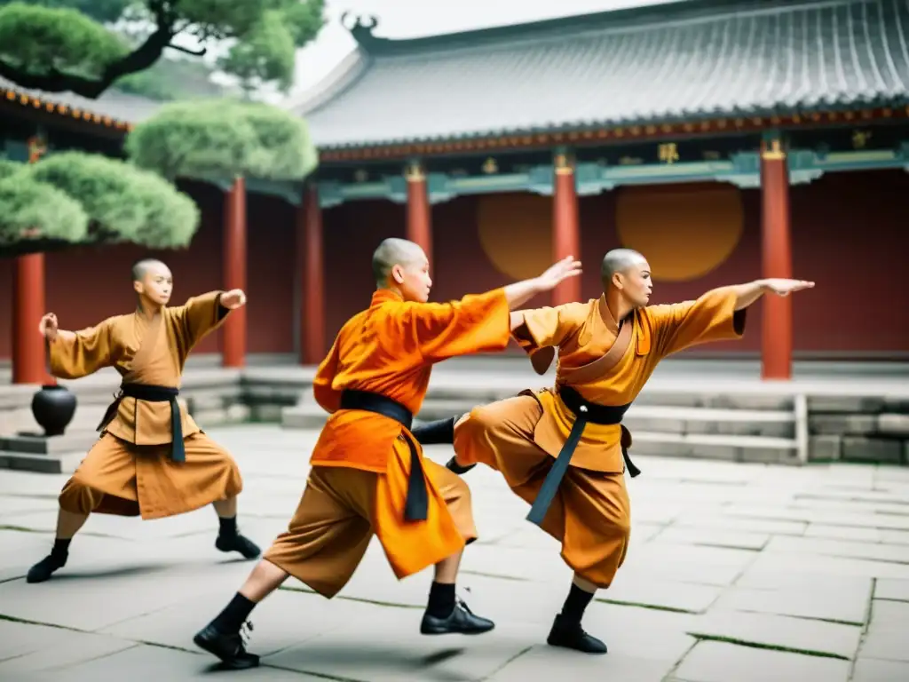 Un grupo de monjes Shaolin en una demostración de artes marciales, con movimientos dinámicos y expresiones de concentración