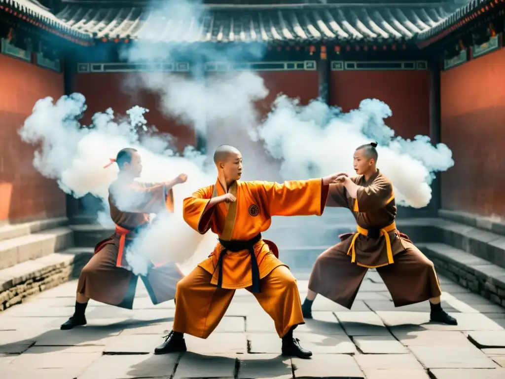 Grupo de monjes Shaolin en demostraciones de artes marciales, envueltos en una atmósfera mística en el Templo Shaolin