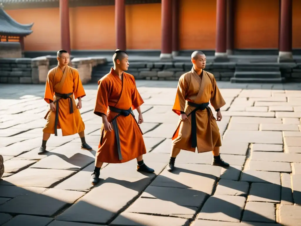 Un grupo de monjes Shaolin en un patio al atardecer, con poses de artes marciales, transmitiendo poder, disciplina y enfoque espiritual