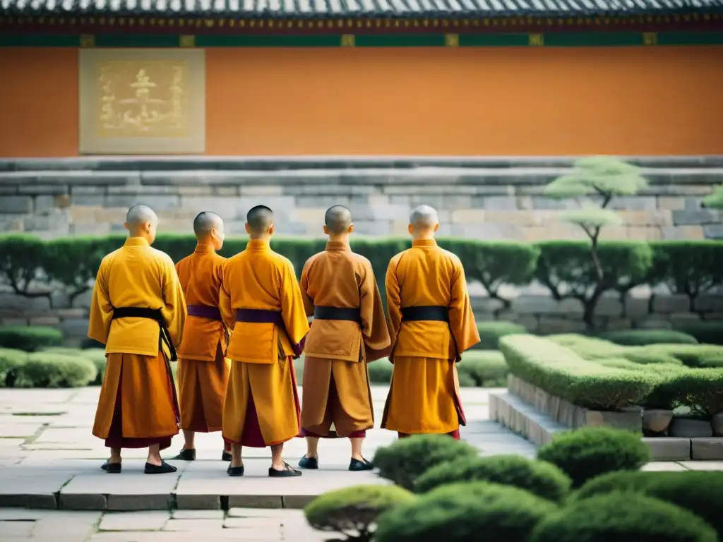 Grupo de monjes Shaolin en preparación ritual antes de demostraciones de artes marciales, con túnica azafrán, en un patio sereno rodeado de vegetación exuberante y muros antiguos