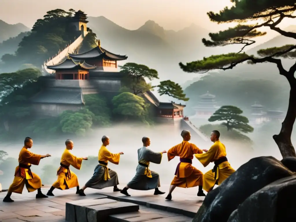 Grupo de monjes practicando Shaolin Kung Fu al amanecer en un templo entre montañas, reflejando la historia y técnicas del Shaolin Kung Fu