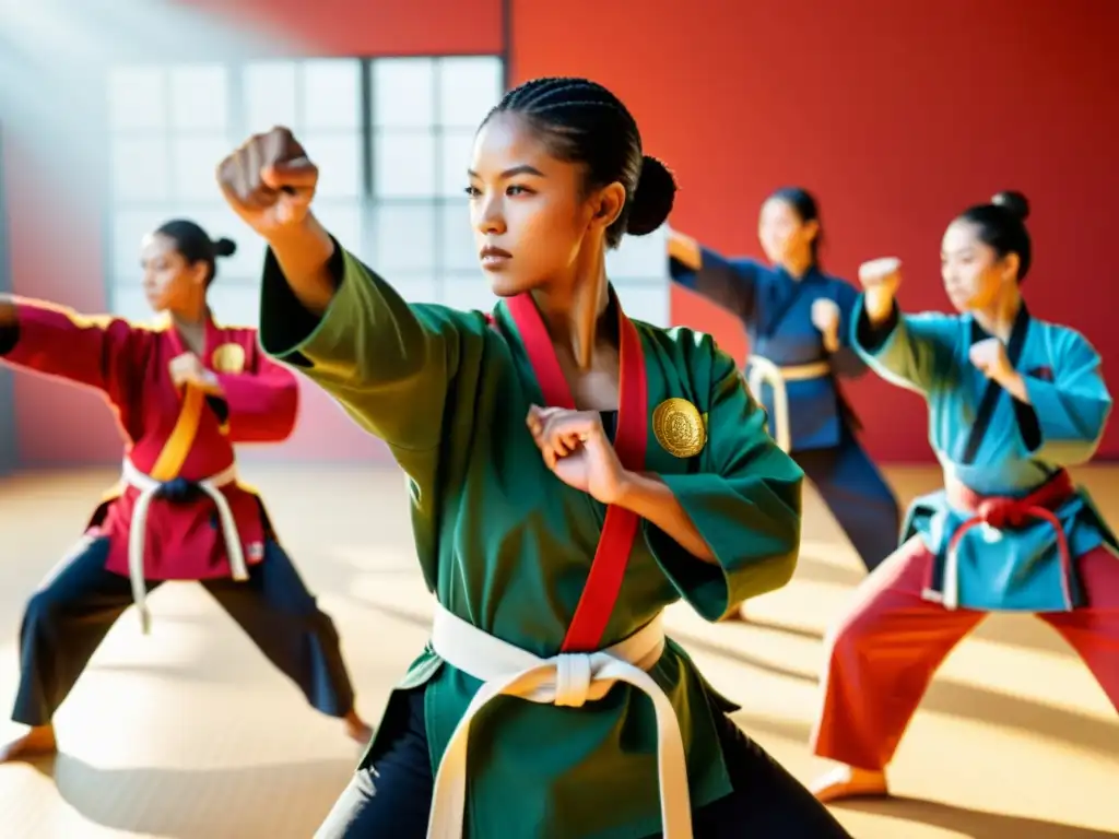 Grupo de mujeres practicando artes marciales, mostrando fuerza, concentración y la historia de movimientos feministas en esta disciplina