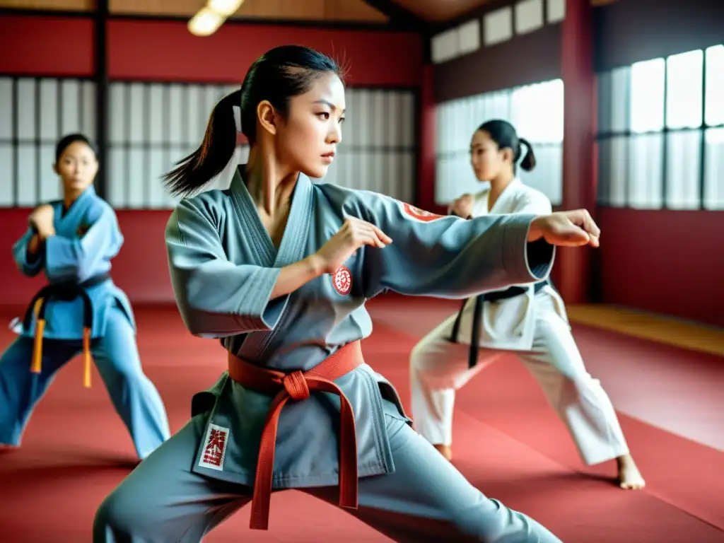 Un grupo de mujeres practicando artes marciales en un dojo, mostrando su determinación y habilidad con equipamiento oficial para mujeres