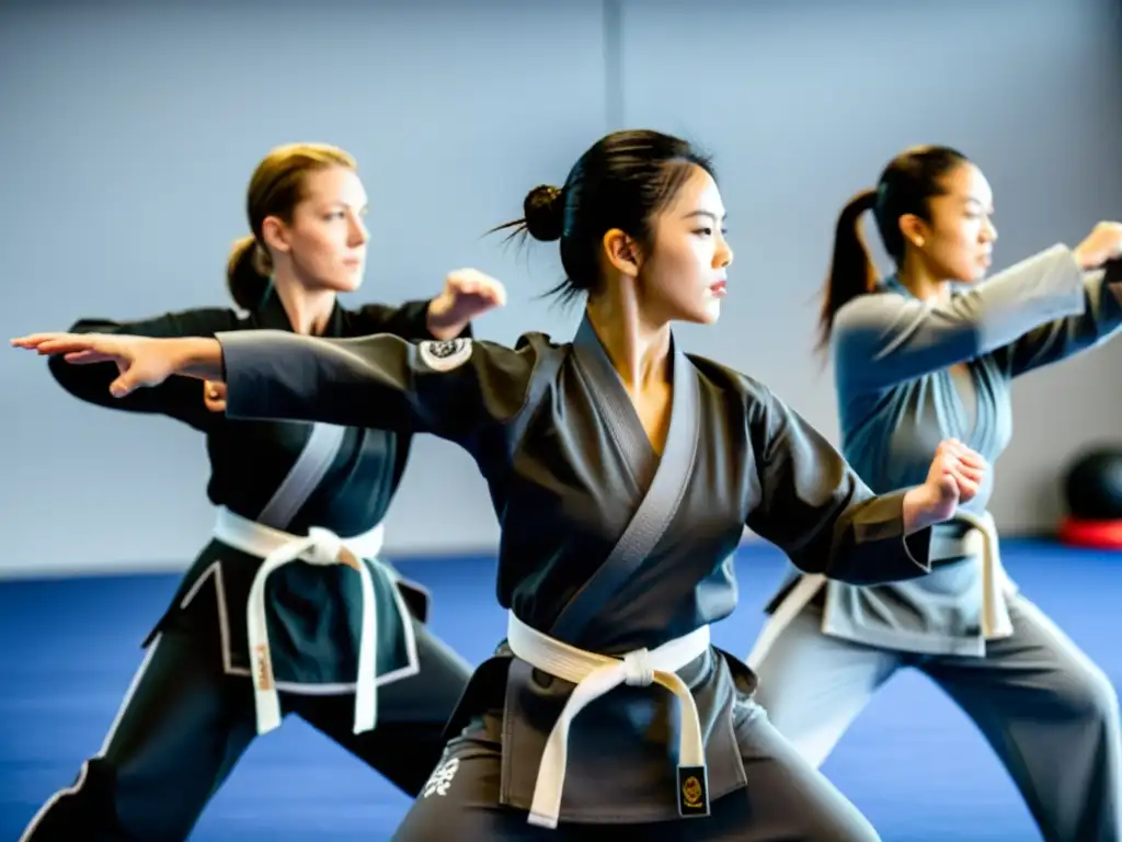 Grupo de mujeres practicando artes marciales con ropa de entrenamiento para mujeres en un gimnasio bien iluminado, mostrando fuerza y determinación