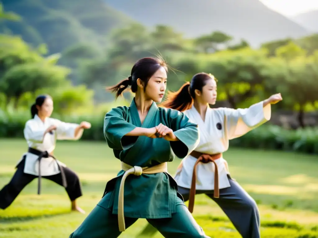 Grupo de mujeres practicando artes marciales en un entorno natural, expresando determinación y empoderamiento
