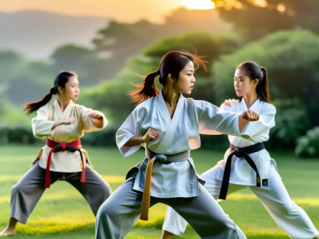 Grupo de mujeres practicando artes marciales con determinación y enfoque en un entorno sereno al aire libre, exudando fuerza y empoderamiento