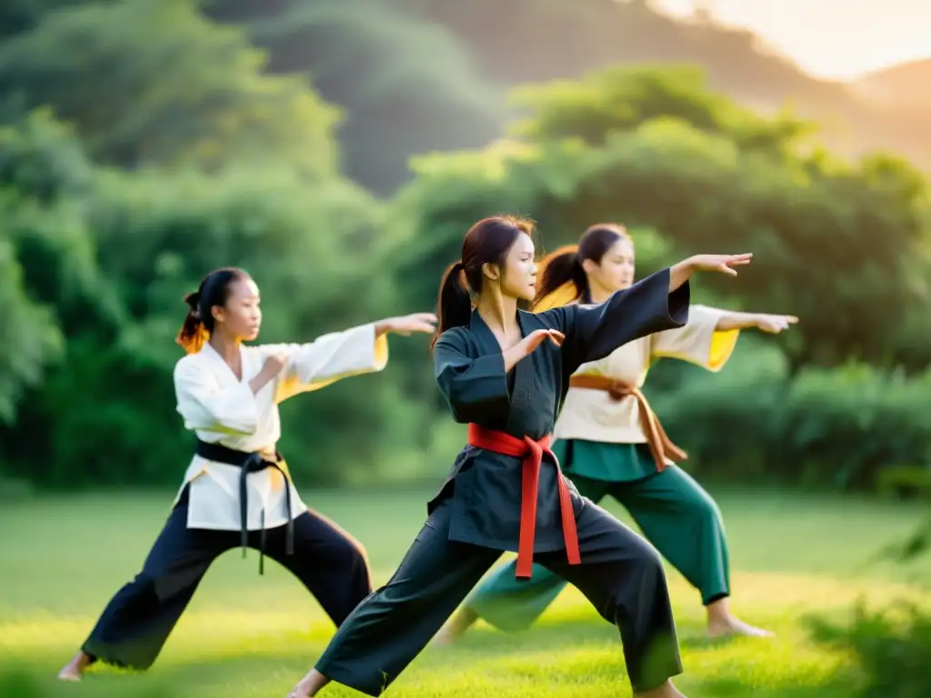 Un grupo de mujeres practicando artes marciales en un entorno natural, mostrando fuerza y empoderamiento en su entrenamiento