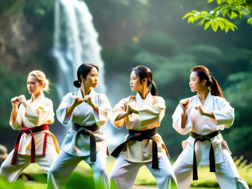 Un grupo de mujeres practica artes marciales rodeadas de naturaleza, mostrando fuerza y unión en retiros de artes marciales para mujeres