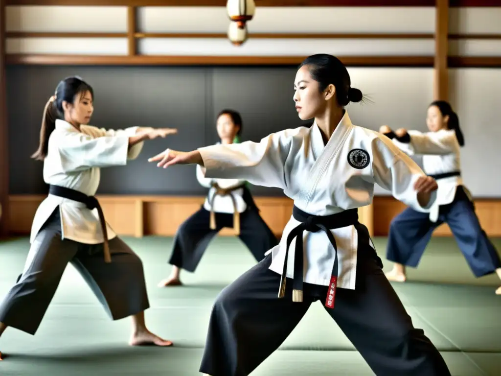 Un grupo de mujeres practica artes marciales en un dojo tradicional, mostrando fuerza y determinación