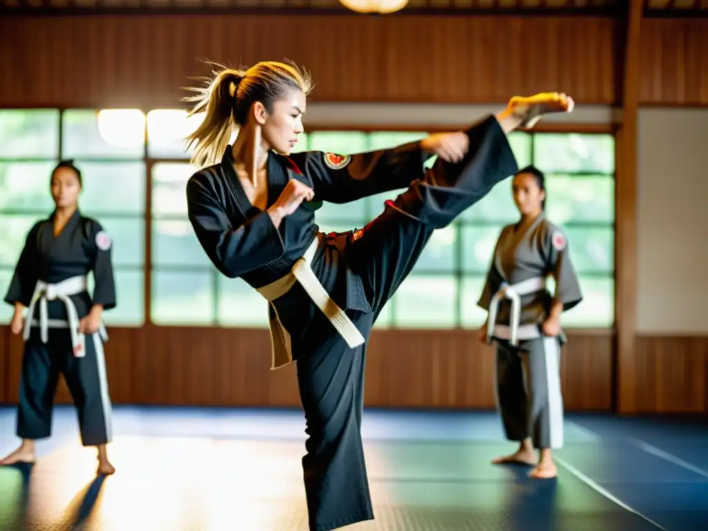 Grupo de mujeres practicando artes marciales en un dojo, enfocadas y determinadas, mostrando fuerza y prevención de lesiones en artes marciales