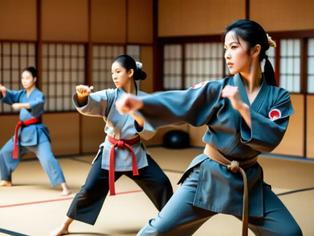 Grupo de mujeres practicando artes marciales en un dojo tradicional, representación mujeres guerreras cine, demostrando determinación y fuerza