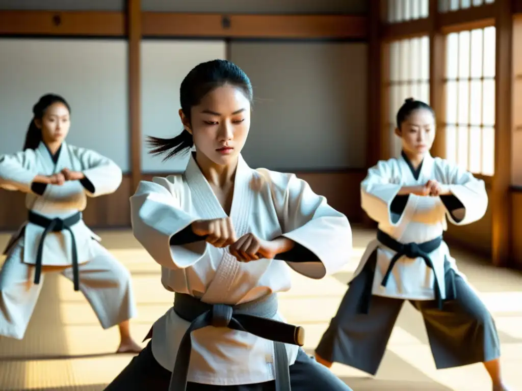 Un grupo de mujeres practica artes marciales tradicionales con gracia y determinación en un dojo iluminado por el sol