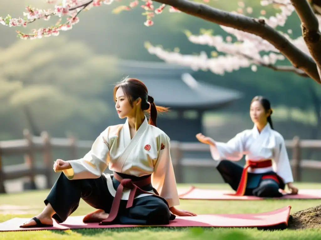 Un grupo de mujeres practicando artes marciales tradicionales bajo los cerezos en flor, mostrando fuerza, gracia y determinación