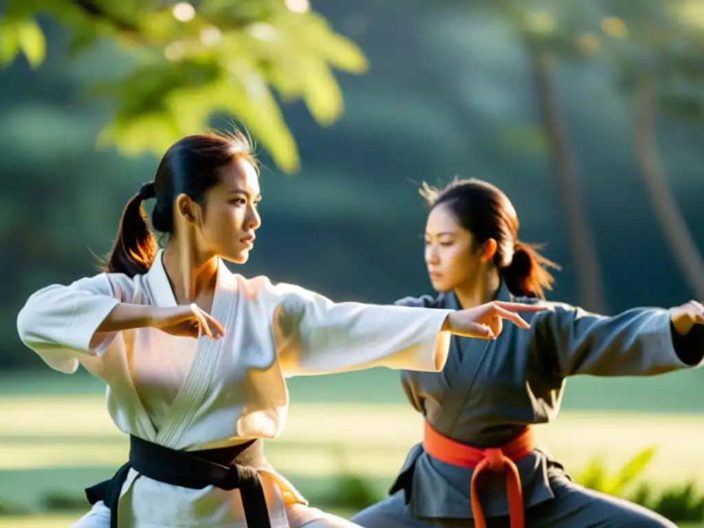 Grupo de mujeres practicando artes marciales al aire libre con expresiones serenas, irradiando fuerza y determinación