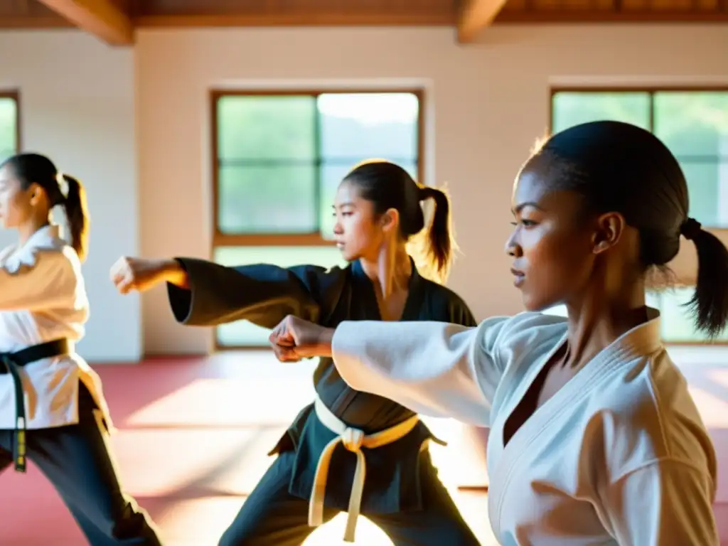 Un grupo de mujeres practicando artes marciales en un estudio iluminado por el sol, demostrando la fuerza y determinación en sus cuerpos y expresiones