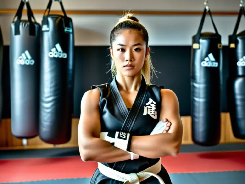 Un grupo de mujeres practicando artes marciales en un dojo con equipamiento de protección de alta calidad, mostrando determinación y fuerza