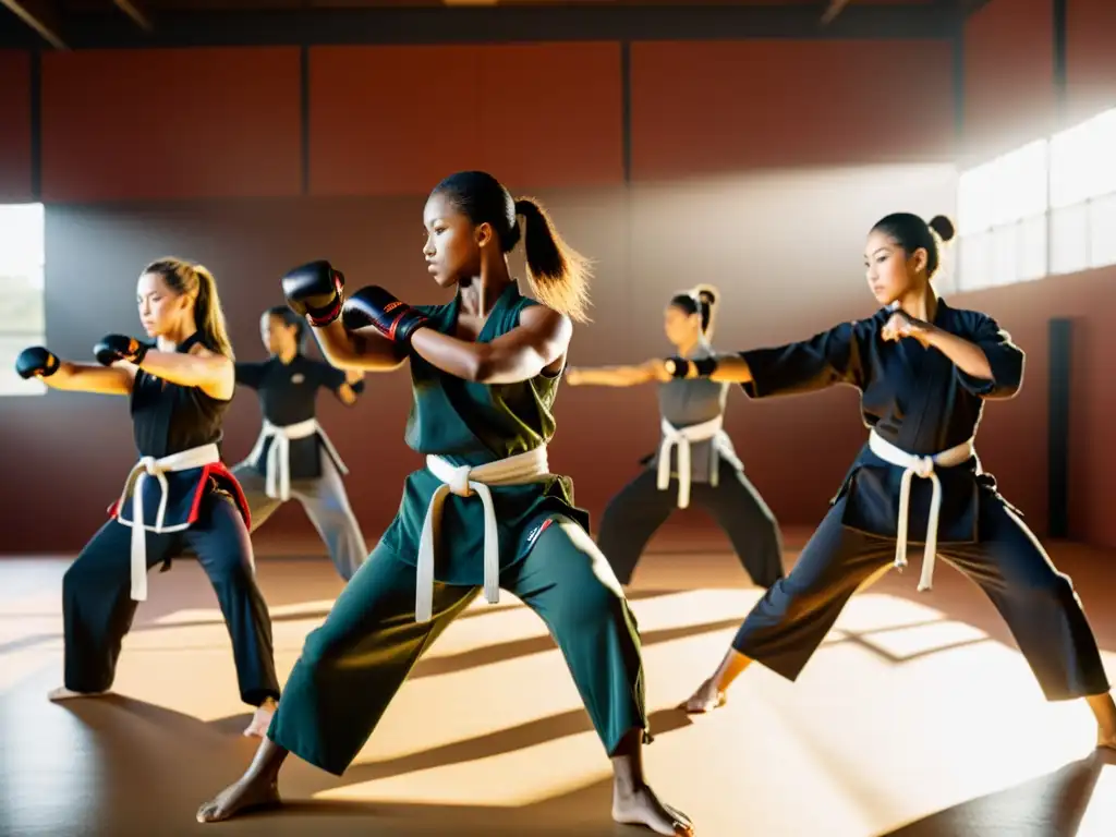 Un grupo de mujeres artistas marciales practican en un estudio soleado, exhibiendo fuerza, determinación y confianza