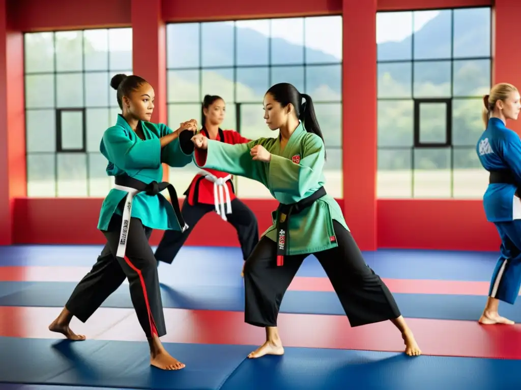 Grupo de mujeres artistas marciales demostrando técnicas en ropa de entrenamiento para mujeres en artes marciales, con precisión y determinación en un estudio luminoso y moderno