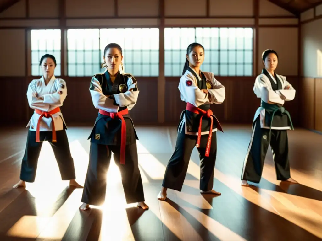 Un grupo de mujeres artistas marciales con equipamiento oficial en un dojo tradicional, demostrando su destreza y fuerza con determinación y energía