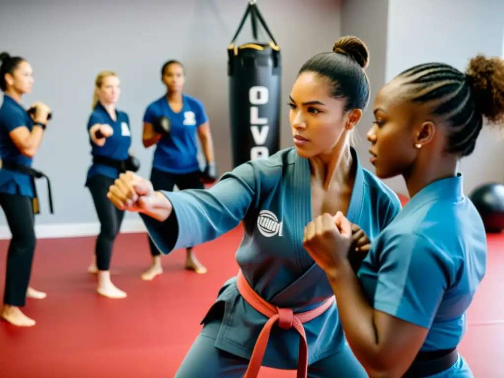 Grupo de mujeres aprendiendo autodefensa en un estudio de artes marciales, expresiones enfocadas y determinación