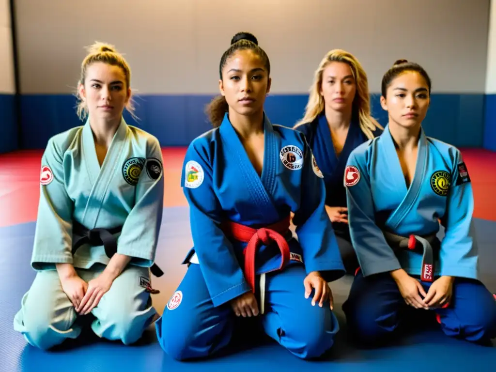 Un grupo de mujeres jiu jitsu brasileño impacto se prepara para entrenar en un espacio luminoso y unido, mostrando determinación y empoderamiento