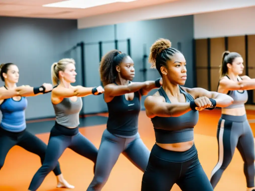 Grupo de mujeres en una clínica especializada de defensa personal, practicando técnicas con determinación y empoderamiento