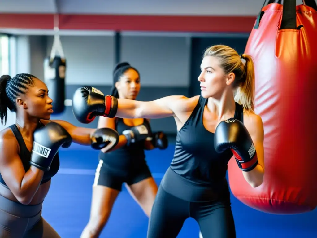 Un grupo de mujeres practicando defensa personal en un gimnasio moderno y espacioso