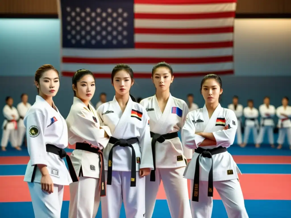 Grupo de mujeres destacadas en torneos internacionales de Taekwondo realizando una patada alta sincronizada en una arena iluminada