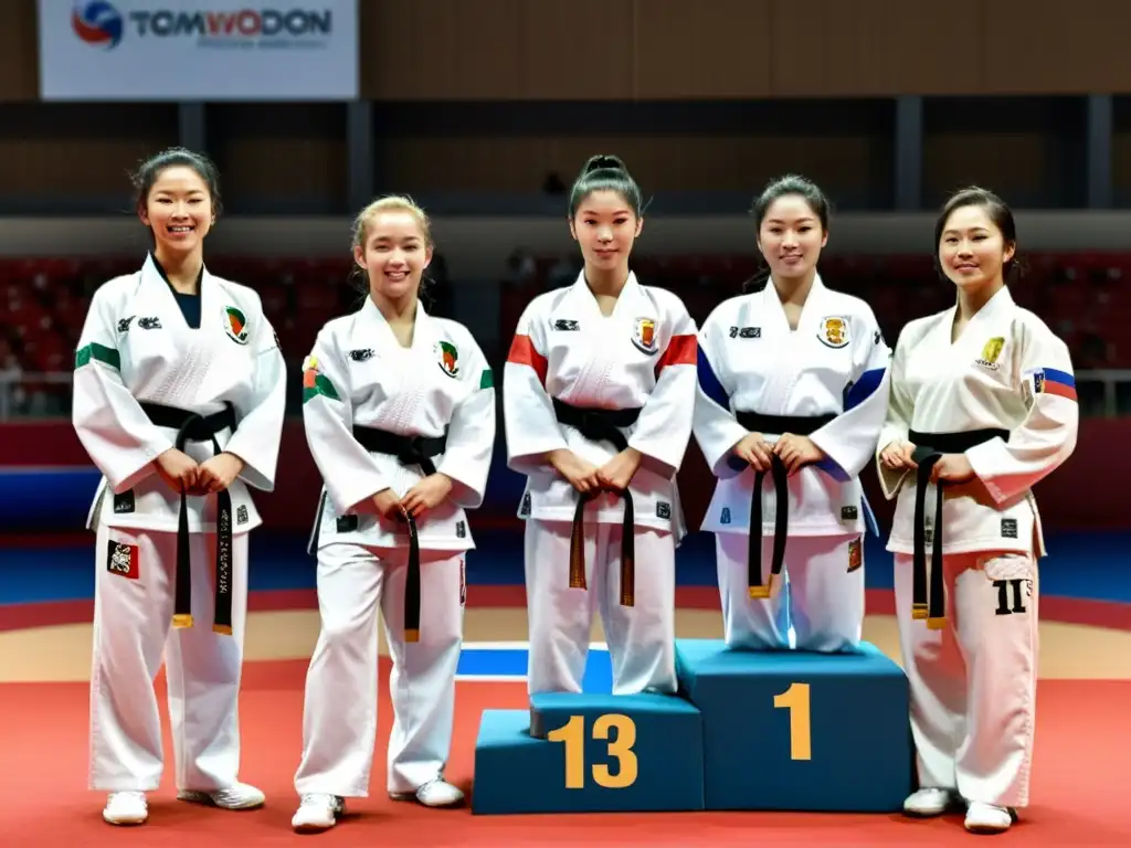 Grupo de mujeres destacadas en torneos internacionales de Taekwondo, en el podio con determinación, orgullo y alegría, rodeadas de un estadio lleno de espectadores celebrando