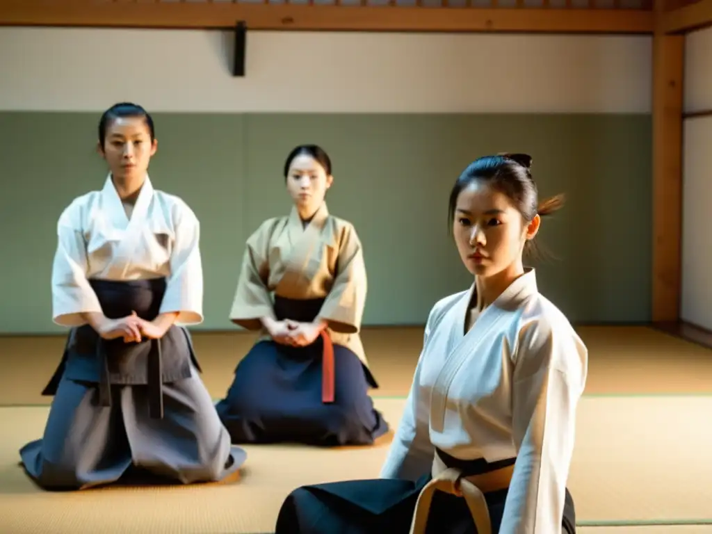 Un grupo de mujeres diversas practican Aikido en un dojo sereno bajo la guía de una sensei, irradiando empoderamiento y camaradería