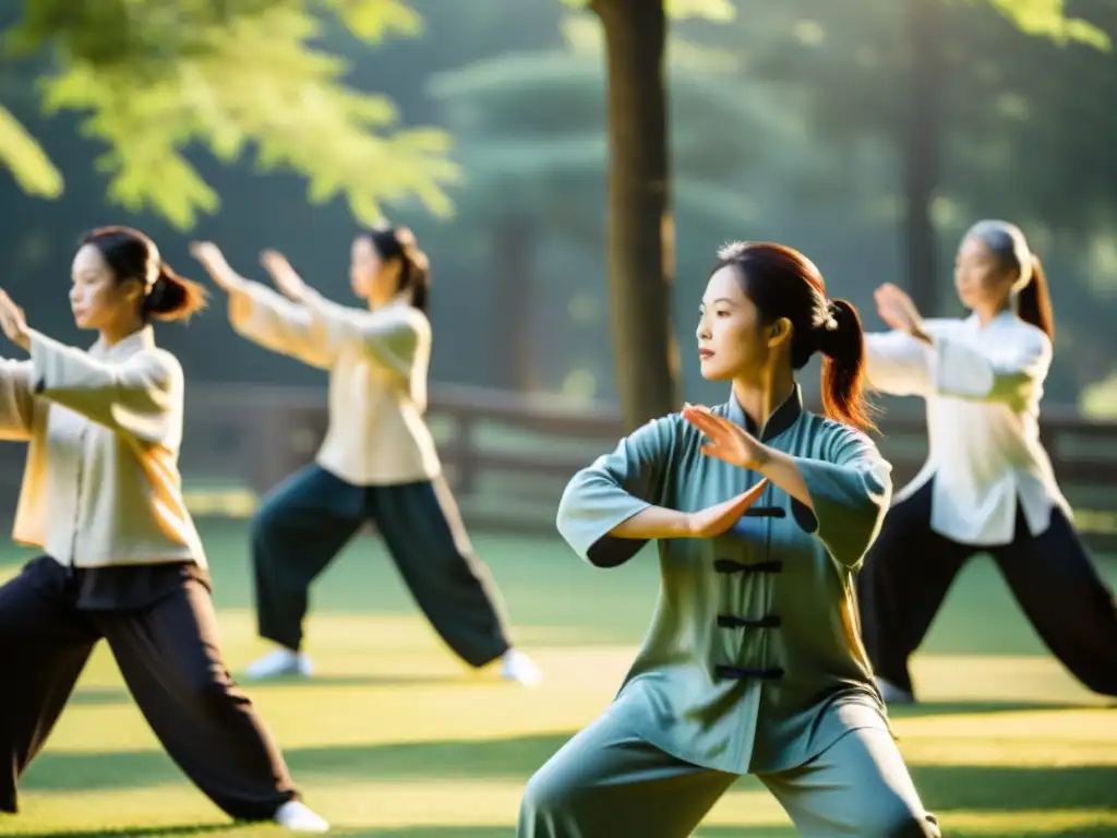 Un grupo de mujeres diversas practicando Tai Chi al aire libre con gracia y fuerza