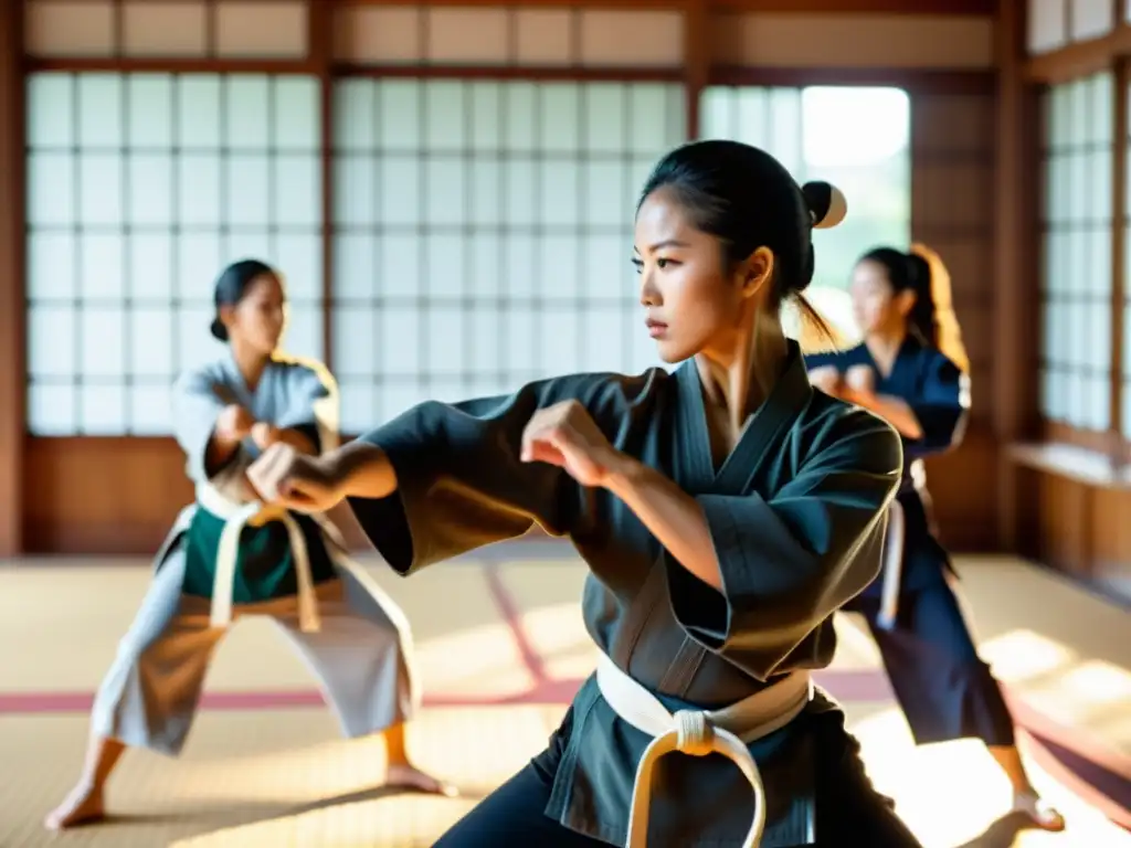 Un grupo de mujeres diversas practicando artes marciales con determinación en un dojo tradicional, representación mujeres guerreras cine