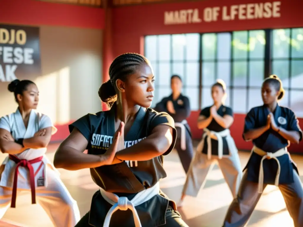 Grupo de mujeres diversas en un dojo, practicando autodefensa marcial para mujeres con determinación y fuerza, rodeadas de empoderamiento