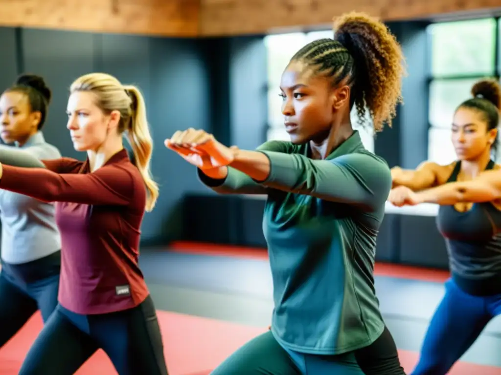 Un grupo de mujeres diversas practican técnicas de autodefensa en un estudio de artes marciales, mostrando determinación y empoderamiento