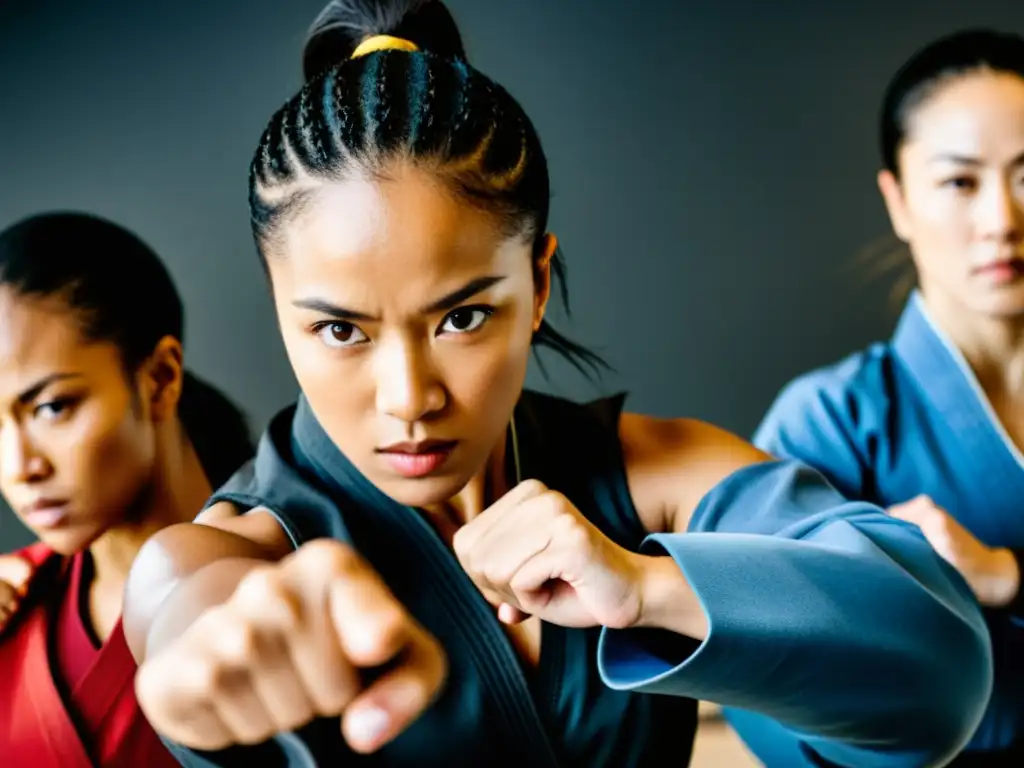 Un grupo de mujeres diversas en trajes de artes marciales, demostrando movimientos precisos y fuertes