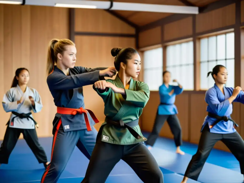 Grupo de mujeres en un dojo practicando artes marciales con ropa de entrenamiento para mujeres en artes marciales, mostrando fuerza y determinación