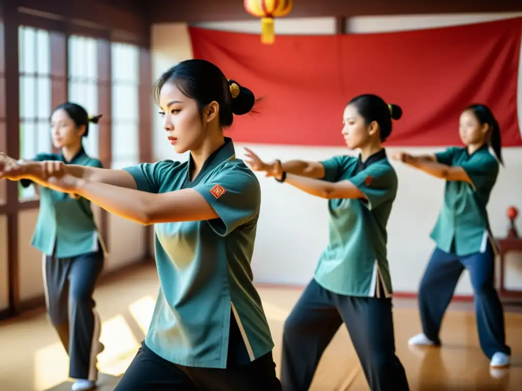 Un grupo de mujeres practica Wing Chun en un estudio de artes marciales chinas, mostrando fuerza, enfoque y determinación