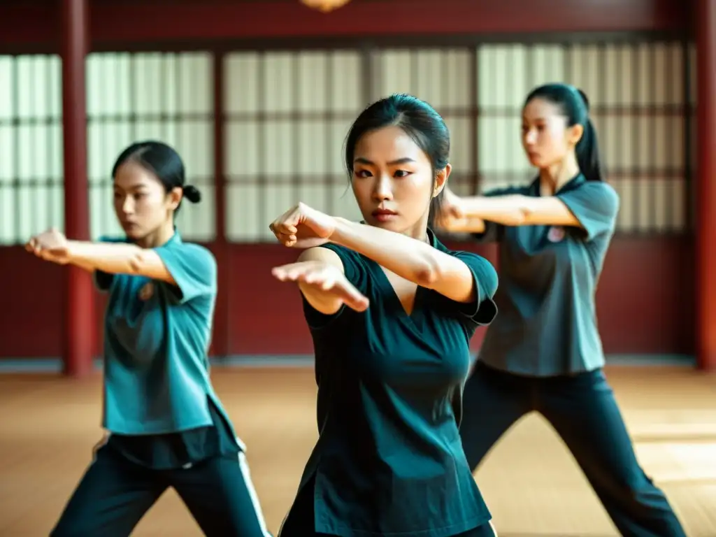 Un grupo de mujeres practica Wing Chun con precisión y determinación en un estudio de artes marciales, mostrando la historia y empoderamiento de las mujeres en este arte