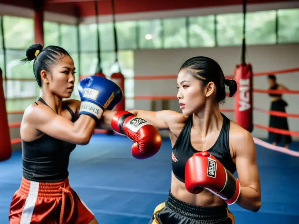 Grupo de mujeres practicando Muay Thai con determinación y fuerza, reflejando empoderamiento mujeres a través Muay Thai