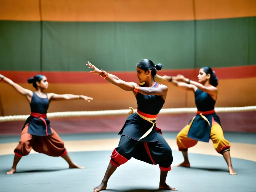 Un grupo de mujeres practica Kalaripayattu, mostrando fuerza y habilidad en movimientos de artes marciales con determinación