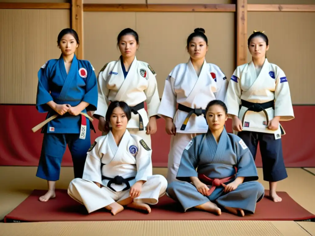 Un grupo de mujeres pioneras en la historia del Judo posan con orgullo y determinación en un tatami, rodeadas de artefactos históricos