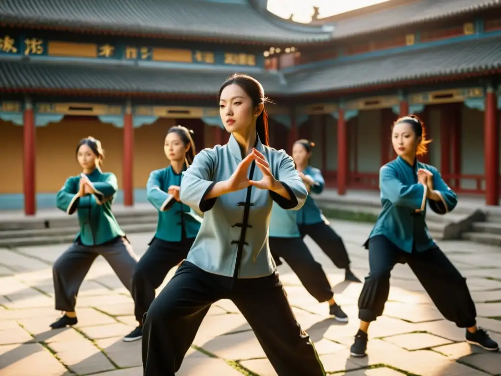 Mujeres practicando Wing Chun en un patio chino al atardecer Un grupo de mujeres practicantes de Wing Chun entrenando con precisión en un patio chino tradicional, reflejando la influencia femenina en el desarrollo histórico del Wing Chun en China