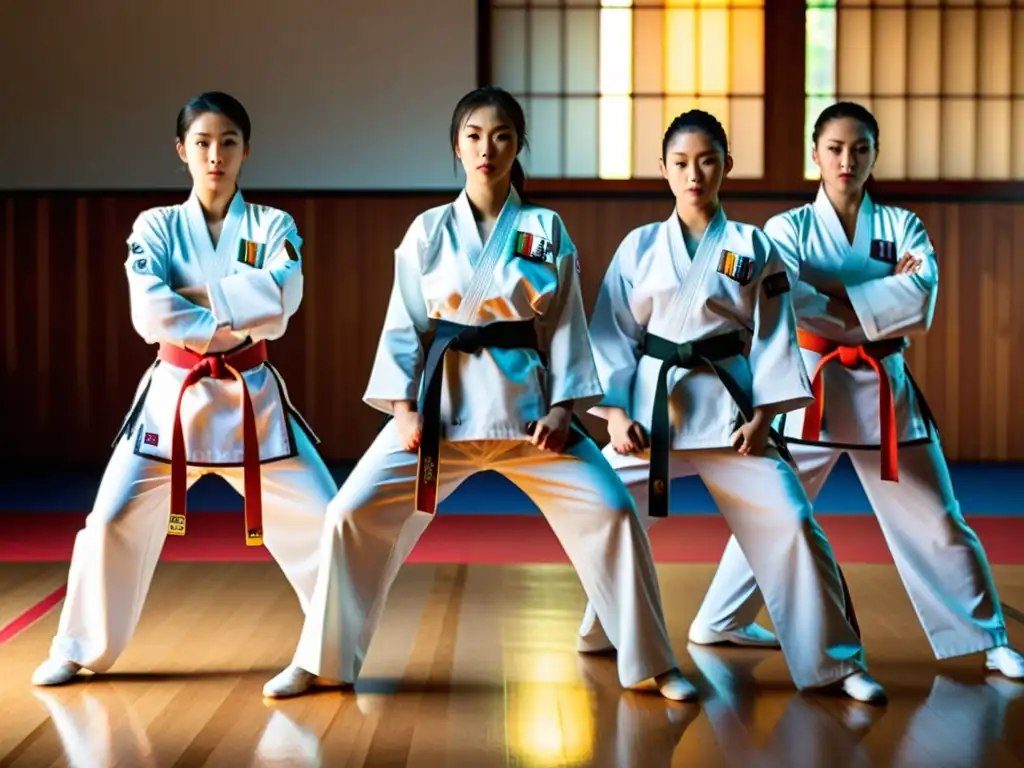 Un grupo de mujeres practicantes de Taekwondo exhiben su fuerza y determinación con un potente golpe sincronizado