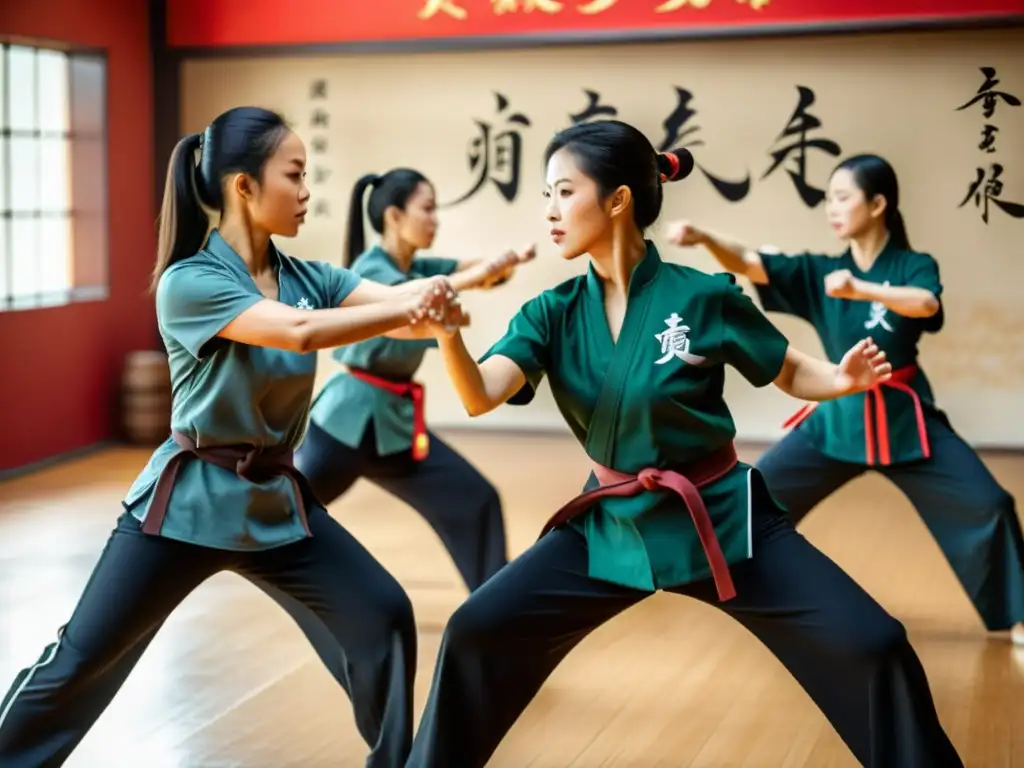 Un grupo de mujeres practicantes de Wing Chun en un estudio de artes marciales chinas, demostrando técnicas con determinación y confianza