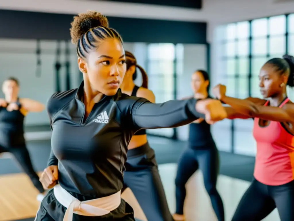 Grupo de mujeres seguras practicando defensa personal en un estudio de artes marciales