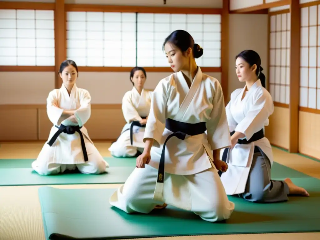 Un grupo de mujeres practicando técnicas de Aikido en un dojo iluminado