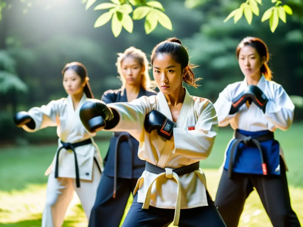 Un grupo de mujeres practica técnicas de autodefensa en un entorno natural, irradiando fuerza y empoderamiento