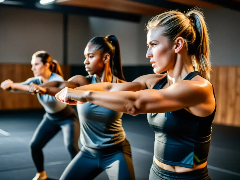 Grupo de mujeres practicando técnicas de autodefensa en un gimnasio tenue, reflejando fuerza, determinación y empoderamiento