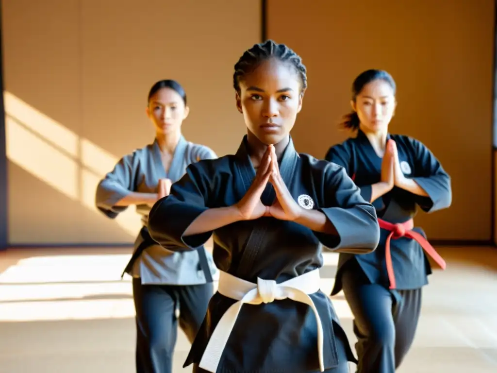 Un grupo de mujeres practica técnicas de defensa personal en un estudio soleado, mostrando fuerza y determinación